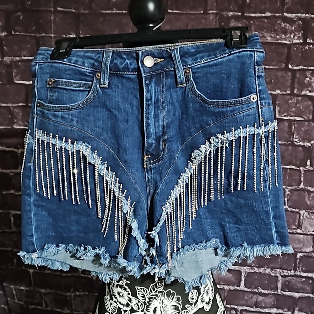 American Bazi Denim & Rhinestone Fringe Shorts size Small.